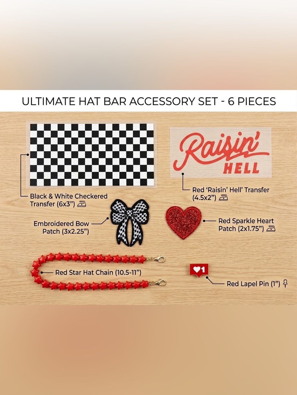 6 Piece DIY Hat Bar Kit Checkered Transfer Bow Heart Patch Red Star Chain Pin